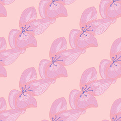 Fototapeta premium Pink orchid flower hand drawn print seamless pattern. Botanic artwork in pastel tones. Simple style.