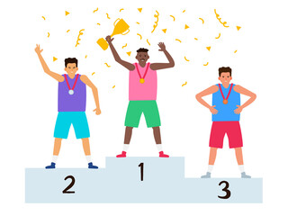 sportsmen winner  standing on the podium with medals and trophy cup vector illustration