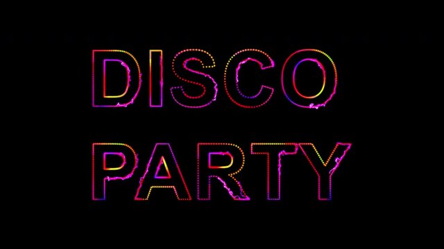 Disco party in 80s style. Party text with sound waves effect. Glowing neon lights. Retrowave and synthwave style. Intro text. Vj animation for night clubs, LED screens and projectors, music videos. 4k