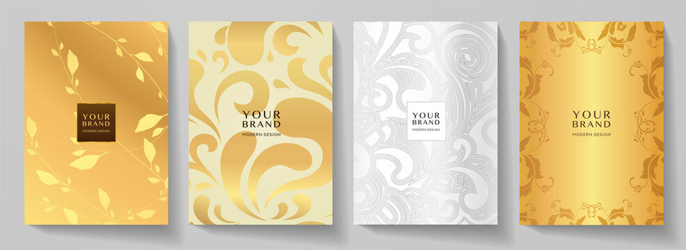 Luxury gold curve (scroll) pattern cover design set. Elegant floral ornament on golden, silver background. Premium vector collection for rich brochure, luxe invite, royal wedding template, menu