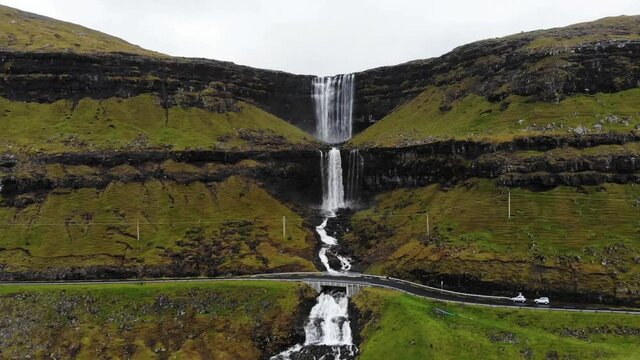 Aerial view of the Fossa Waterfall on Faroe Islands, the highest waterfall in the country, Streymoy province, Faroe Islands.