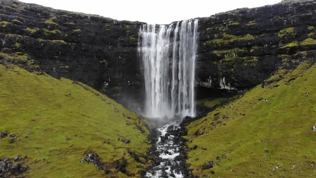Aerial view of the Fossa Waterfall on Faroe Islands, the highest waterfall in the country, Streymoy province, Faroe Islands.