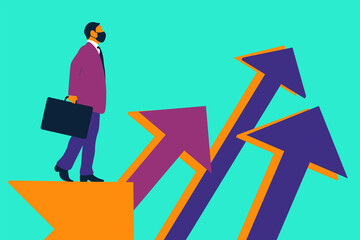 Business aim roadmap, success in business. Goals and achievement concept, businessman wearing medical mask. Achievement, success, leader. Vector illustration. 