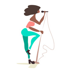 African jazz singer - black girl singing into a microphone and dancing. Profile view. Minimalist vector illusration. For web, poster,flyer,t-shirt. Isolated. White background.