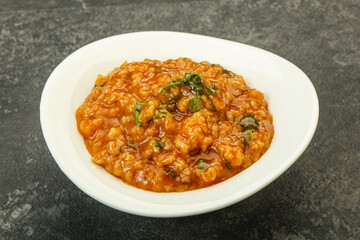 Traditional Georgian Kharcho soup with meat
