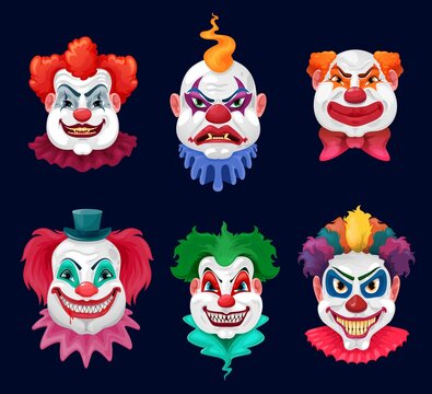 Horror clown and scary circus monster faces cartoon vector design of Halloween holiday. Evil clown or joker characters with bloody teeth, sharp vampire fangs and crazy smiles, red noses and wigs