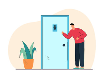 Cartoon young man standing near toilet door. Flat vector illustration. Person in need of peeing, having diarrhea symptoms, trying to go to bathroom. Toilet, health, basic need, natural habit concept