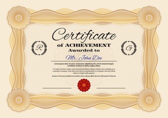 Achievements certificate or diploma vector template, award for professional or business achievements, graduation or qualification certify document with security geometric lathe and wax seal