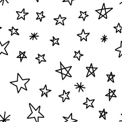 Hand drawn stars seamless pattern. Monochrome texture background of star doodle illustrations.