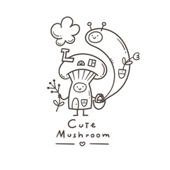 Card with cute cartoon mushroom. Funny doodle character. Contour vector print.