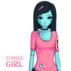 Zombie girl on white background. Zombie apocalypse. Sad girl in pink shirt