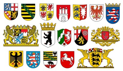 Coat of arms of German states heraldic icons of vector German heraldry. German federal state emblems with flags, lion, bear and deer, eagle, horse, crown and griffin, castle tower and key on shields - obrazy, fototapety, plakaty