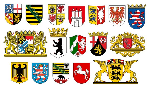 Coat of arms of German states heraldic icons of vector German heraldry. German federal state emblems with flags, lion, bear and deer, eagle, horse, crown and griffin, castle tower and key on shields