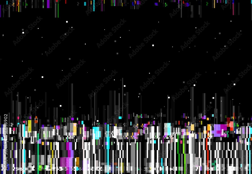 Aufkleber Glitch color lines, vector distorted abstract background. Glitched rainbow colored vertical stripes and random pixels on black screen. Television distortion with glitch effect, no signal TV frame