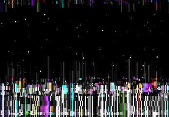 Glitch color lines, vector distorted abstract background. Glitched rainbow colored vertical stripes and random pixels on black screen. Television distortion with glitch effect, no signal TV frame - obrazy, fototapety, plakaty