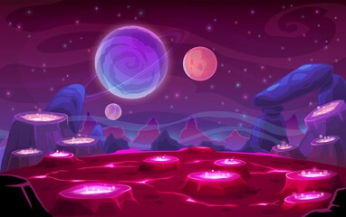 Space fantasy planet surface landscape cartoon background. Volcanoes, geysers with glowing, boiling hot lava or chemicals, rocky surface and mountain peaks, satellites with ring, stars in sky vector
