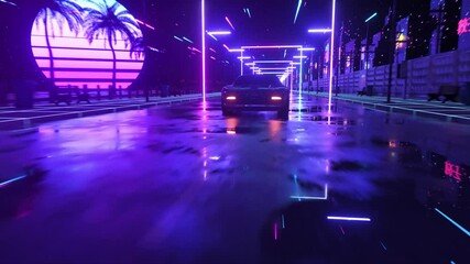 Car and city in neon cyberpunk style. 80s retrowave background 3d animation. Retro futuristic car drive through neon city. - Powered by Adobe