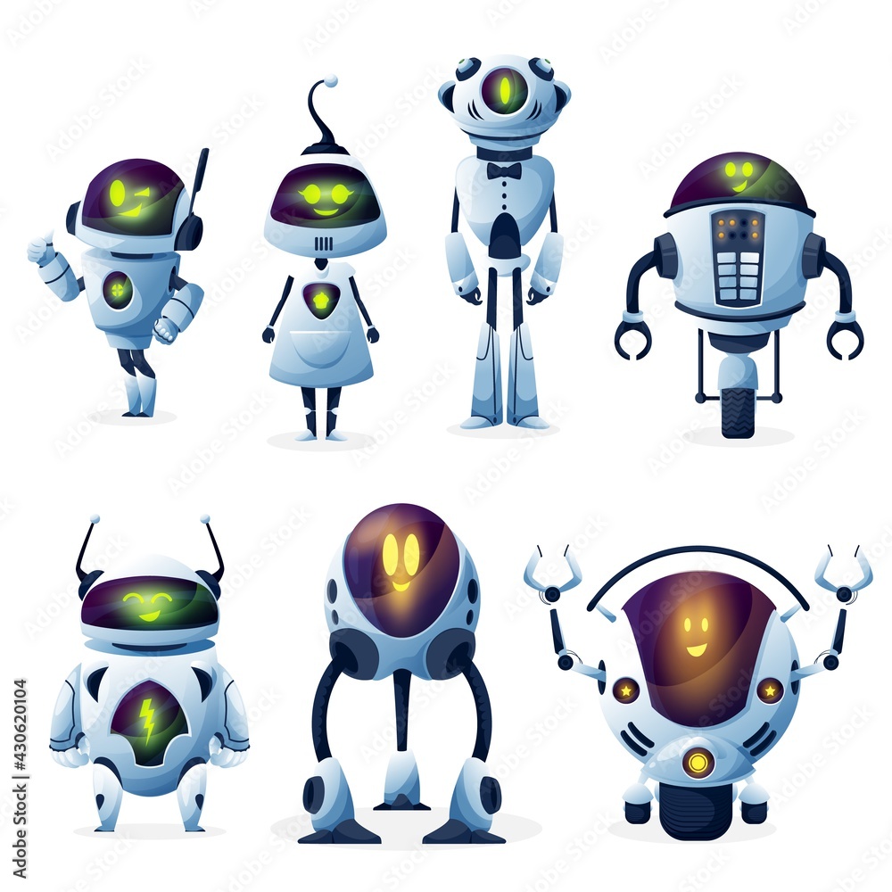 Poster robot with artificial intelligence cartoon characters with vector female and male bots. cute modern 