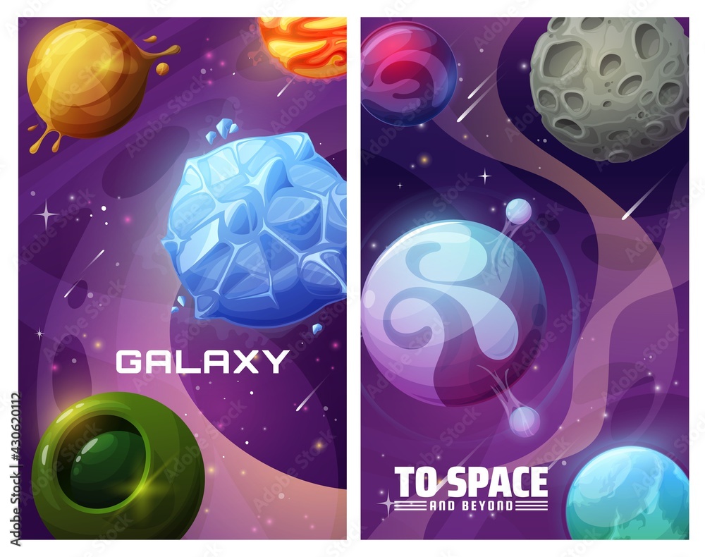 Poster galaxy fantasy worlds, alien planets systems in space background. ice, gas and water surface planets