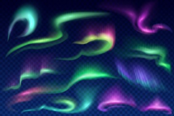 Northern, polar and aurora borealis vector lights on transparent background. Realistic 3d auroras with bright glowing swirls of green, purple and blue northern or polar lights, Arctic luminescence - obrazy, fototapety, plakaty