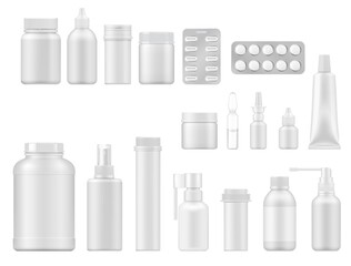 Pill, drug and medicament realistic vector packages. 3d mockups of pharmaceutical packaging, white plastic bottles, packs, boxes and blisters with pills, spray and drops, ointment tube and ampoule