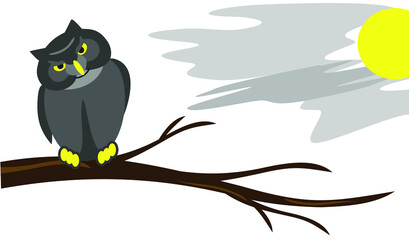 A serious owl sits on a branch in the fog