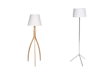 Two modern wooden and metal floor lamps isolated on white background