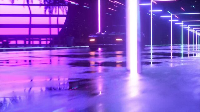 Car and city in neon cyberpunk style. 80s retrowave background 3d animation. Retro futuristic car drive through neon city.