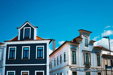 View on the beautiful old facades buildings in Art Nouveau architectural style in Aveiro city in Portugal