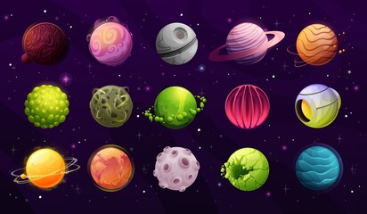 Alien planets, galaxy fantasy worlds cartoon icons. Artificial planet, satellite with hot and rocky surface, extraterrestrial organism, star and fantastic spaceship vector. Game design elements