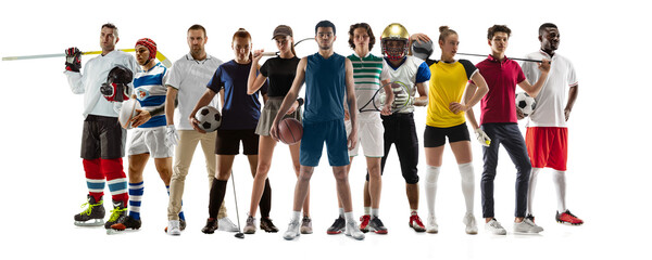 Collage of 10 different professional sportsmen, fit people in action and motion isolated on white background. Flyer.