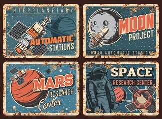 Space galaxy metal plates rusty, astronauts and universe planets, vector retro posters. Cosmos and astronomy, spaceman in space research center, mars or moon discovery and exploration project © Vector Tradition