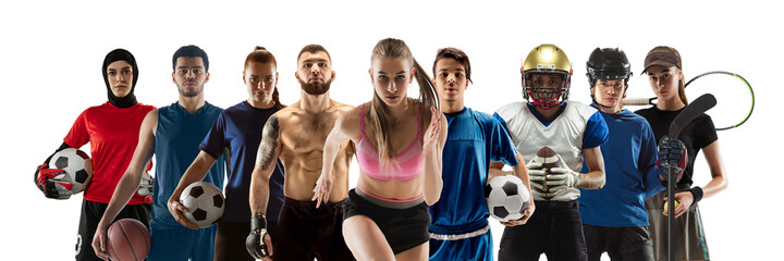 Collage of 8 different professional sportsmen, fit people in action and motion isolated on white...