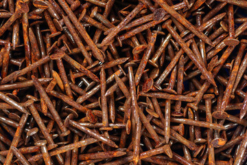 Rusty nail, Many rusted nails, Group of Iron rust, Metal surface becomes brown from deterioration.