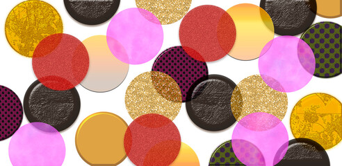 Abstract multicolored circles of different textures on a white background.