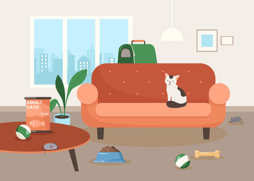 Cute cat character sitting on sofa in living room illustration. Calm cartoon domestic animal, toys on floor, bowl with cat food, pet carrier. Domestic animals, pets, pet food concept