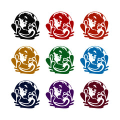 Globe planet in drop water splash isolated on white background color set