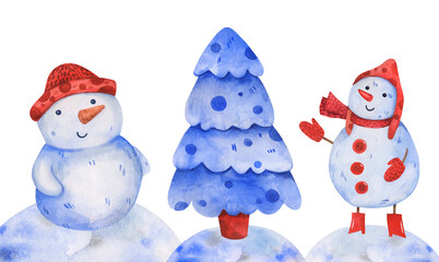 Cute snowmen hand drawn in watercolor with a christmas tree.