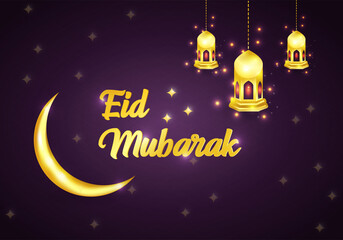 Obraz na płótnie Canvas Decorative Eid Mubarak luxury festive violet and golden vector background design with candles