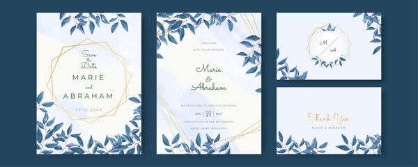 Set of card with flower rose, leaves. Wedding navy blue and gold concept. Floral poster, invite. Vector decorative greeting card or invitation design background