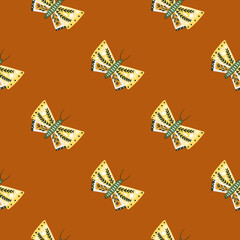 Entomology seamless pattern with folk butterfly elements. Brown background. Minimalistic wildlife print.
