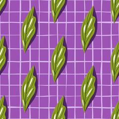 Bright contrast seamless pattern with green leaf elements ornament. Purple chequered backgorund.