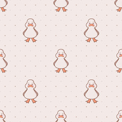 Kawaii duck farm animal seamless vector pattern with soft brown polka dot background.