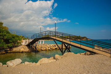 KEMER, TURKEY: View of a small bridge near the canal on the beach in Kemer.