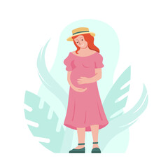 Happy pregnant woman standing cute cartoon style vector illustration. Active pregnancy, motherhood concept.