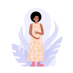 Happy pregnant woman standing cute cartoon style vector illustration. Active pregnancy, motherhood concept