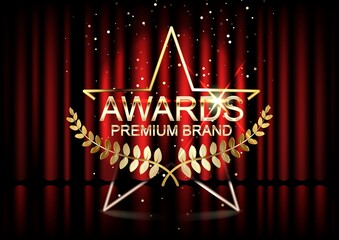 Gold award badge with star isolated on red curtain background.