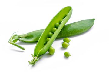 Fresh green peas on a white background