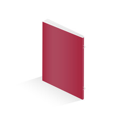 Mock up of blank book, notebook, notepad, magazine, booklet, brochure. Vector 3D illustration of a red book on a white background. Loop stitch binding.