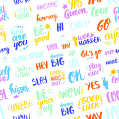 Seamless pattern with frequently used words and phrases. For prints, backgrounds, wrapping paper, textile, wallpaper, etc. 